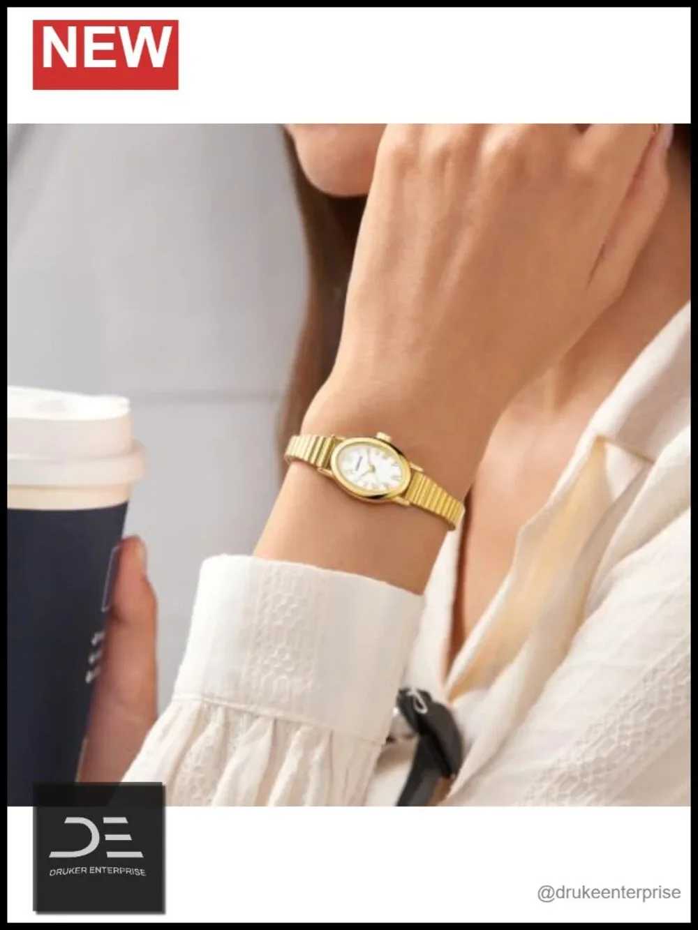 Dainty Gold Watches with Stainless Steel Expansion Band, Small Oval Case, Roman